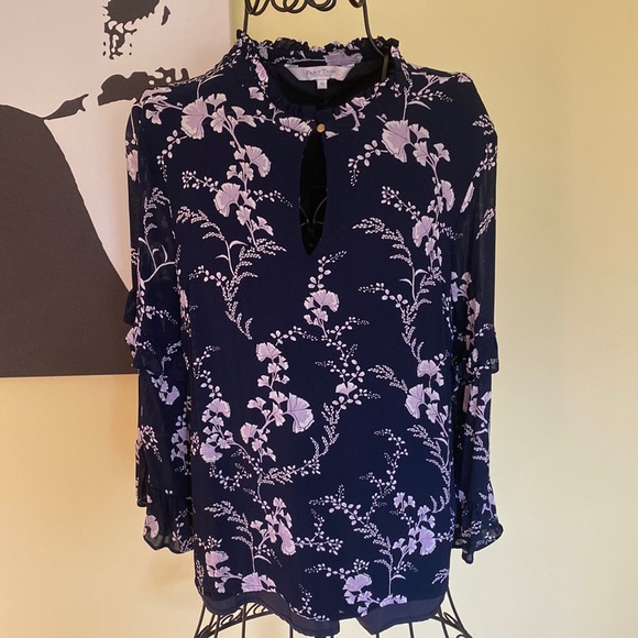 Feminine Part Two Blue/Pink Floral Top w/ Tiered Long Sleeves - Size 12 (42 EU) - Picture 1 of 11